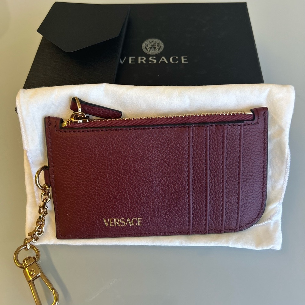 Versace Women's Burgundy Leather card case with Gold Medusa
